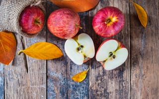 Картинка осень, листья, fruits, leaves, яблоки, apples, autumn, осенние, wood