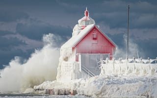 Картинка маяк, море, лёд