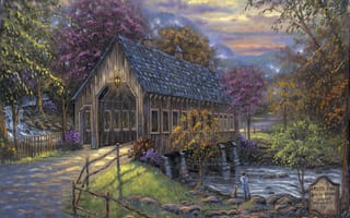 Картинка цветы, рыбак, река, осень, крытый мост, живопись, фонарь, штендер, Emerts Cove Covered Bridge, Robert Finale