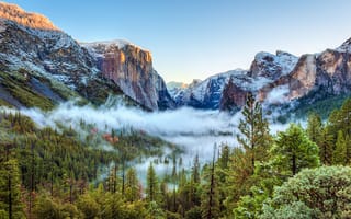 Обои США, скалы, Yosemite National Park, Национальный парк Йосемити, деревья, горы, красота, туман, лес, ущелье, снег, Калифорния