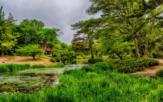 Картинка Япония, Ritsurin Garden, сад, Takamatsu, деревья, беседка, трава, зелень, пруд