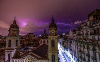 Картинка Аргентина, молния, архитектура, гроза, столица, Буэнос-Айрес, ночь, тучи, фиолетовое, город, небо