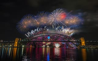 Картинка Sydney, город, огни, ночь, мост, феерверк, Австралия, 2015, Харбор-Бридж