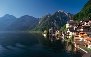 Картинка горы, Austria, дома, лес, городок, берег, озеро, лето, Hallstatt