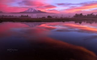 Картинка США, отражения, вулкан Адамс, штат Вашингтон, осень, облака, утро, гора Пахто, озеро