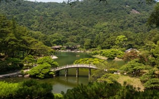 Картинка пейзаж, природа, деревья, река, сады, Takamatsu, Ritsurin garden, Япония, мост