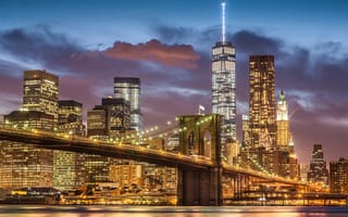 Картинка США, Манхэттен, город, Нью-Йорк, огни, Бруклинский мост