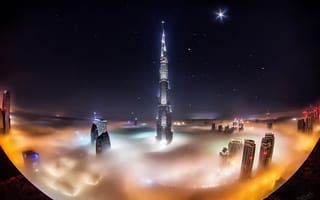 Картинка ОАЭ, Dubai, небоскрёбы, облака, город, башня Бурдж-Халифа, ночь, Дубай, звезды, туман