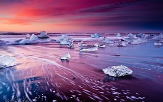 Картинка Исландия, ледниковая лагуна Йёкюльсаурлоун, волны, лёд, пляж, выдержка