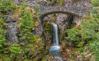 Картинка Mount Rainier National Park, мост, деревья, поток, скалы, горы, Вашингтон, водопад, река, США