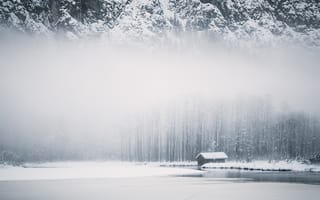 Картинка дом, зима, горы, туман