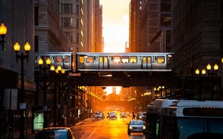 Картинка США, вечер, вагоны, метро, Чикаго, улица, город, свет