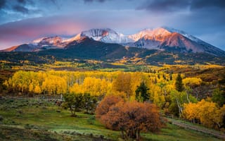 Картинка США, осень, горы, деревья, штат, утро, Mount Sopris, Колорадо, свет, краски