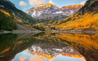 Картинка США, штат, отражения, Колорадо, скалистые горы, осень, лес, озеро, Maroon Bells