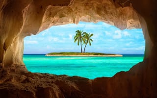 Картинка Тихий океан, Карибские острова, грот, пальмы, остров, скалы