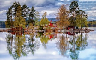 Картинка дом, Швеция, озеро, отражение