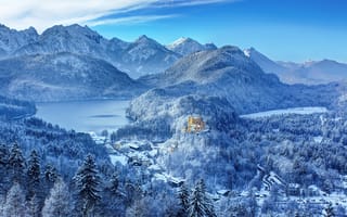 Картинка Германия, горы, замок, южная Бавария, озёра, зима, Хоэншвангау, снег, Гогеншвангау, лес