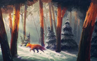 Картинка лиса, арт, деревья, снег, зима, следы, елка, лес