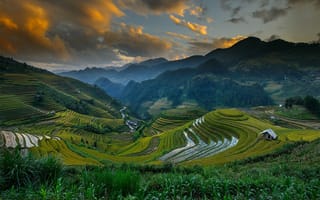 Картинка Вьетнам, Mù Cang Chải District, горы, небо, холмы, облака, поля