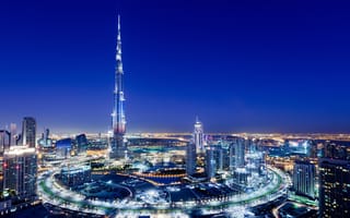 Обои ОАЭ, башня Бурдж-Халифа, город, огни, вечер, Dubai, Дубай