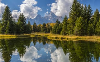 Картинка горы, леса, Гранд-Титон, облака, солнце, США, Grand Teton National Park, деревья, отражение, вода, небо