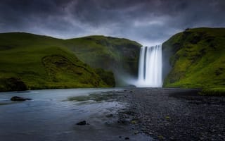 Картинка Исландия, горы, река, водопад, Скогафосс