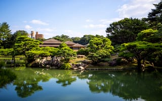 Картинка Япония, Takamatsu, деревья, сад, пруд, природа, Japan Ritsurin garden
