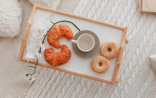 Картинка завтрак, чашка, breakfast, donuts, орхидея, пончик, orchid, croissant, круассан, плед, cup