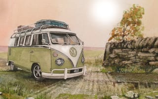 Картинка Volkswagen, живопись, Фольксваген, Type 2, дорога, Transporter, рисунок, микроавтобус