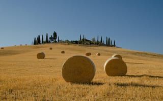 Картинка поле, дом, сено, Тоскана, кипарисы, стог, Италия