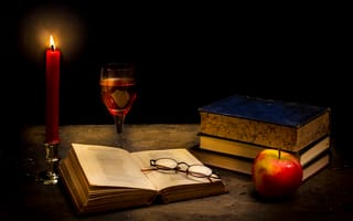 Картинка Tranquillity in the dark, очки, бокал, книги, свеча, яблоко
