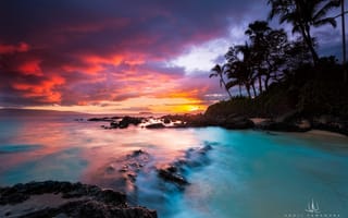Обои Kenji Yamamura, Secret Beach, пальмы, отров Мауи, Гавайи, закат, photographer