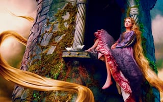 Картинка Taylor Swift, сидит, башня, мох, певица, голуби, окно, Рапунцель, длинные волосы