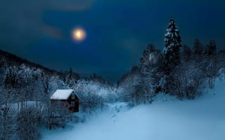 Картинка ночь, одинокий, сугробы, дом, луна, зима, старый