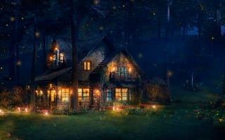 Картинка The Firefly Cottage, лес, дом, арт, светлячки