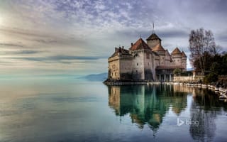 Картинка Шильонский замок, Швейцария, вода, небо, пейзаж, Женевское озеро, деревья