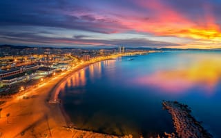 Картинка небо, город, Барселона, Испания, панорама, закат