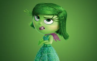 Картинка Inside Out, adventure, Pixar Animation Studios, Walt Disney Studios Motion Pictures, green, hana, dress, Disgust, 2015, girl, chibi, face, five emotions, scarf, flowers