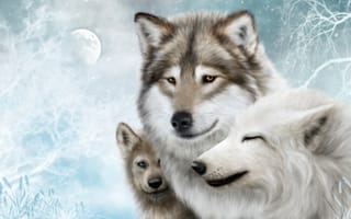 Картинка волки, луна, семья, хищники