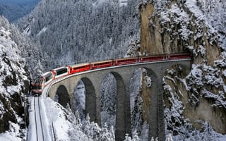 Картинка Bernina express, жд, поезд, зима, вид, мост