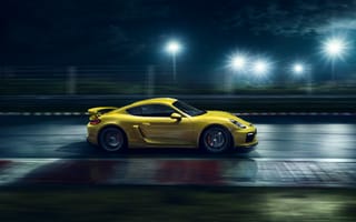 Картинка Porsche, Nigth, Supercar, 2015, Cayman, Ligth, GT4, Speed, Side, Yellow, Track