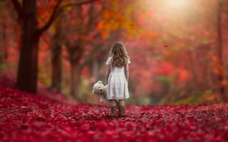 Картинка Never Alone, осень, листья, игрушка, девочка