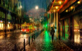 Картинка Прага, трамвай, дождь, ночь