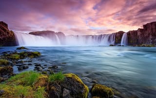 Картинка Iceland, берег, Исландия, водопад, камни, пейзаж, поток, река, скалы, облака, природа