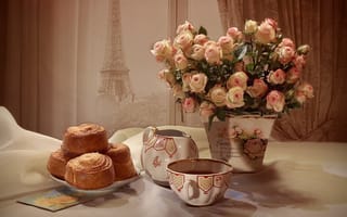 Картинка натюрморт, чай, розы, букет, выпечка