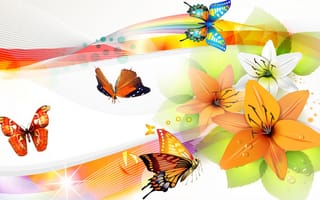 Картинка цветы, вектор, мотылек, лепестки, лилия, бабочка, коллаж, крылья
