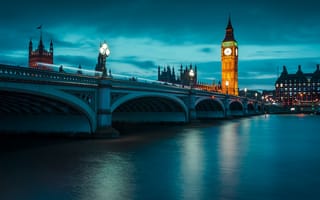 Картинка Лондон, мост, Англия, биг-бен, Темза, ночь