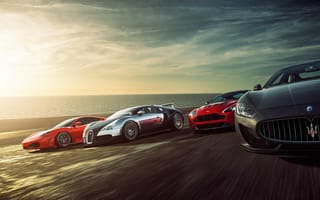 Картинка Ferrari F430, Speed, Supercars, Sea, Maserati Grant Turismo, Aston Martin Vantage, Sunset, Bugatti Veyron