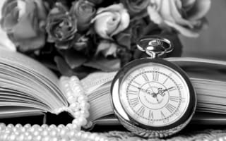 Обои ретро, розы, ожерелье, часы, винтаж, книга