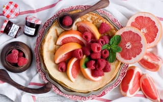 Картинка блины, джем, завтрак, малина, масленица, грейпфрут